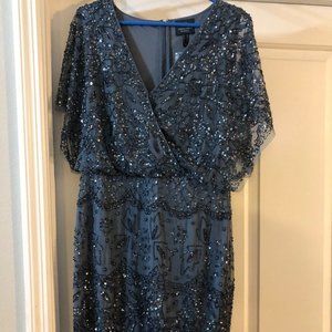 Adrianna Papell Beaded Surplice V-Neck Short Flutter Sleeve Blouson Dress Sz 12